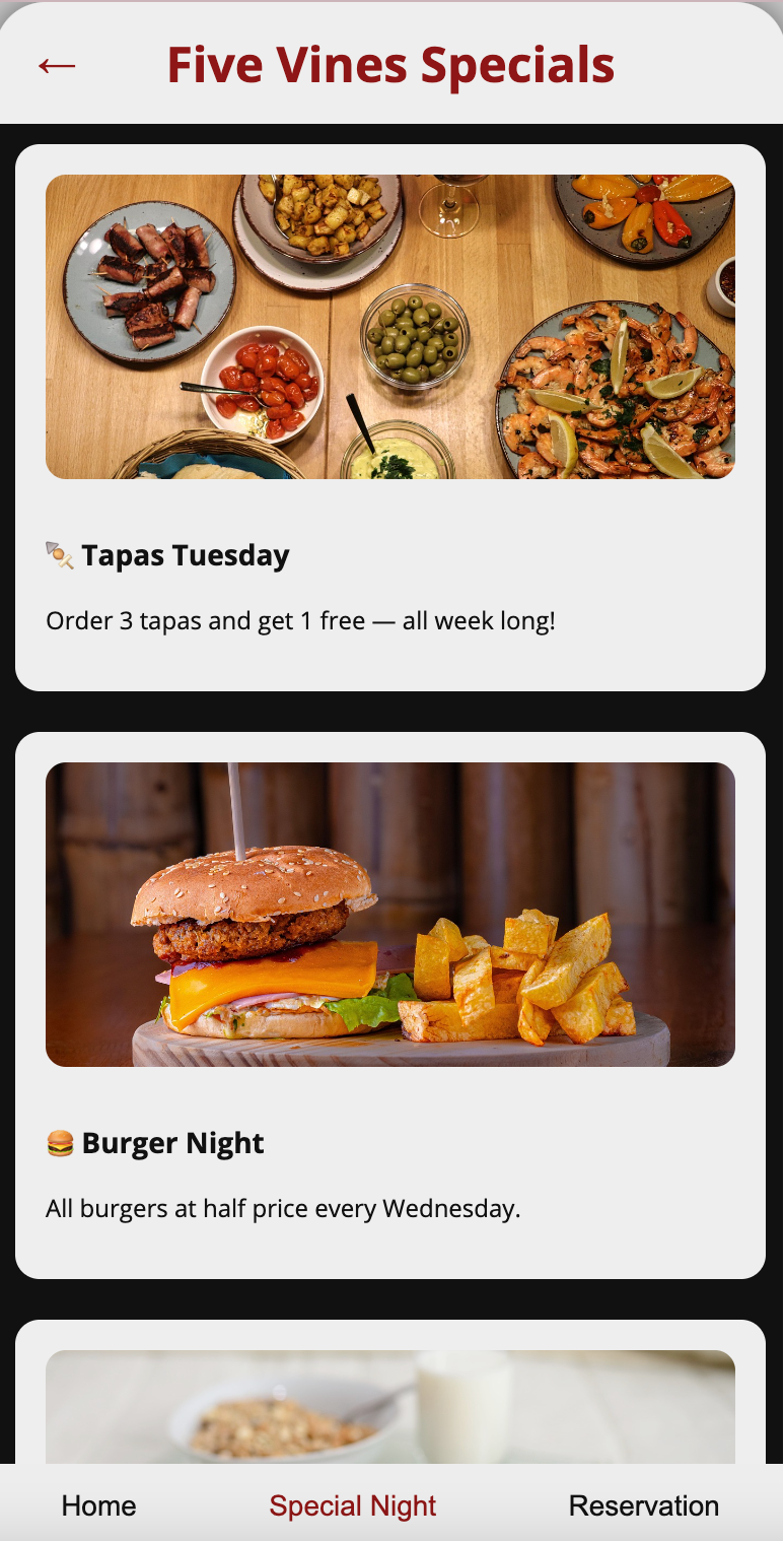 Family of Eateries prototype reservation screen